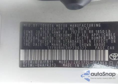 2017 Toyota Corolla Le из США, поврежденный, VIN 5YFBURHE0HP706372